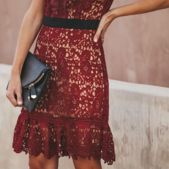 DO + BE Burgundy Wine Embroidered Lace Fit & Flare Knee-Length Cocktail Dress - Picture 4 of 8